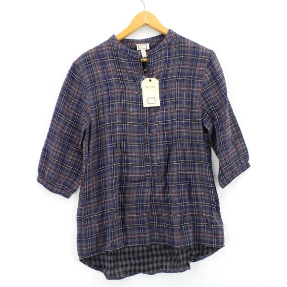 Mo:vint By Anthropologie Shirt Women Purple Plaid Button Down 3/4 Sleeve Small S - Picture 1 of 10